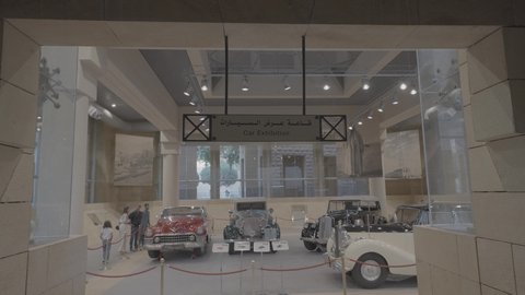 Antique car showroom inside the historic Al-Murabba Palace in Riyadh, authenticity, authenticity and adherence to Saudi heritage, famous landmarks and tourist sites, design and architectural art of old-style mud buildings, historical sites in the Kingdom of Saudi Arabia