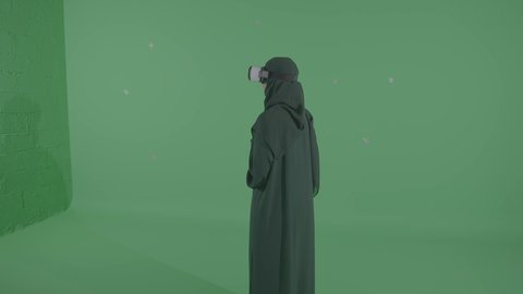 رفع الايدي عاليا بتعابير محاولة لمس شيء ما، تقنيات حديثة و أجهزة تكنولوجية, دمج العالم الخيالي مع المتعة والتسلية، بورتريه من الخلف لامرأة عربية خليجية سعودية محجبة ترتدي نظارة الواقع الإفتراضي تقوم باللعب في ألعاب الفيديو الترفيهية، قضاء وقت ممتع في اللعب, خلفية خضراء ، كروما