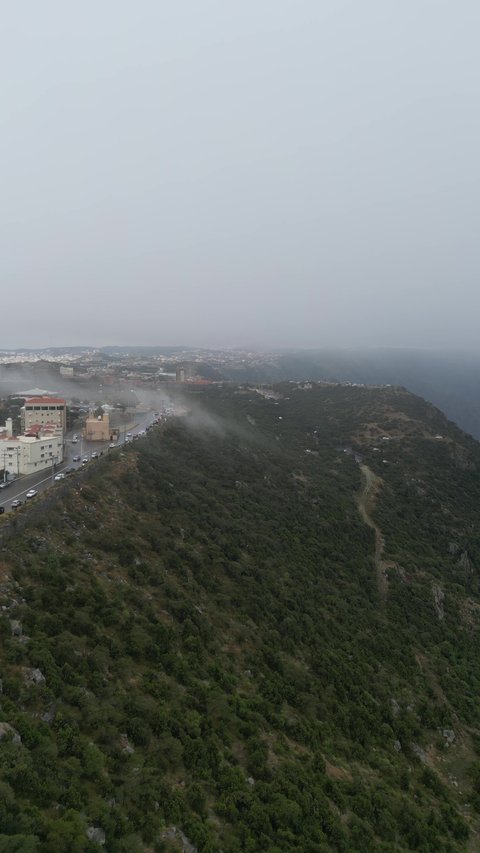 سلاسل جبال أبها والنماص الصخرية، التضاريس والطرق الحجرية الوعرة، تصوير جوي للبيئة الجبلية في منطقة عسير، السحب البيضاء والجو الضبابي المغطي للقمم العالية، الطبيعة الخضراء والمنتزهات والحدائق الجميلة، الأشجار والنباتات على سفوح الجبل