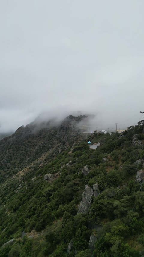سلاسل جبال أبها والنماص الصخرية، التضاريس والطرق الحجرية الوعرة، تصوير جوي للبيئة الجبلية في منطقة عسير، السحب البيضاء والجو الضبابي المغطي للقمم العالية، الطبيعة الخضراء والمنتزهات والحدائق الجميلة، الأشجار والنباتات على سفوح الجبل