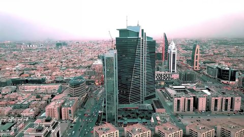 Architectural engineering art of towers and skyscrapers, urban expansion and development of commercial and residential buildings, interest in the roads and streets of the Kingdom of Saudi Arabia, aerial drone photography of Al-Olaya Towers on King Fahd Road in Riyadh