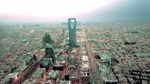 Towers and skyscrapers, growth, development and urban progress, lifestyle in the capital, famous buildings and landmarks in Saudi Arabia, advanced and modern architectural art, aerial photography of the famous Kingdom Tower in Riyadh