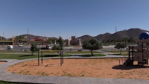 Gardens and recreational parks in the Kingdom of Saudi Arabia, vast green spaces, a famous natural landmark and tourist site, entertainment, fun and amusement games for children in one of the parks of Hail City, a family entertainment park