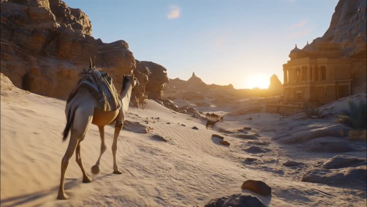 Title (Arabic):  جمل هجين وحيد محمّل يجتاز منظرًا صحراويًا شاسعًا باتجاه أطلال قديمة تحت شمس الصباح الدافئة. مفهوم السفر التاريخي