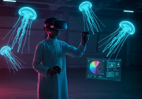 Integrating technology into education, a Saudi Arabian boy wearing 3D virtual reality (VR) glasses, simulating education and integrating it with virtual reality movies, interacting with illuminated holographic elements