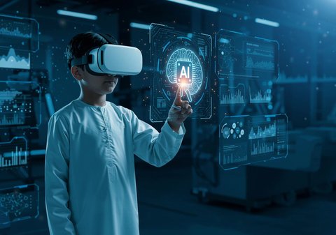 Advanced schools and academies, combining learning with entertainment using modern technology and technology. A Saudi Arabian Gulf student wearing a thobe and virtual reality glasses clicks on a 3D illuminated holographic screen, a modern interactive educational experience.