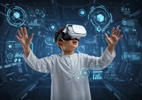 Advanced schools and academies, combining learning with entertainment using modern technology and technology. A Saudi Arabian Gulf student wearing a thobe and virtual reality glasses interacts with 3D illuminated holographic elements with gestures of enjoyment. A modern interactive educational experience.