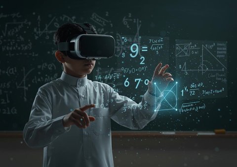 Advanced schools and academies, combining learning with entertainment using modern technology and technology. A Saudi Arabian Gulf student wearing a thobe and virtual reality glasses interacts with 3D illuminated holographic elements with gestures of enjoyment. A modern interactive educational experience.