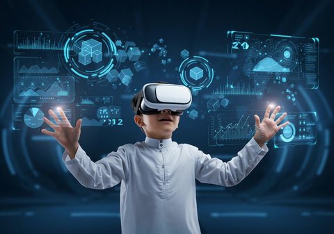Advanced schools and academies, combining learning with entertainment using modern technology and technology. A Saudi Arabian Gulf student wearing a thobe and virtual reality glasses interacts with 3D illuminated holographic elements with gestures of enjoyment. A modern interactive educational experience.