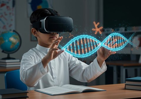 Advanced schools and academies, combining learning with entertainment using modern technology and technology. A Saudi Arabian Gulf student wearing a thobe and virtual reality glasses interacts with 3D luminous holographic genetic sequence elements, a modern interactive educational experience.