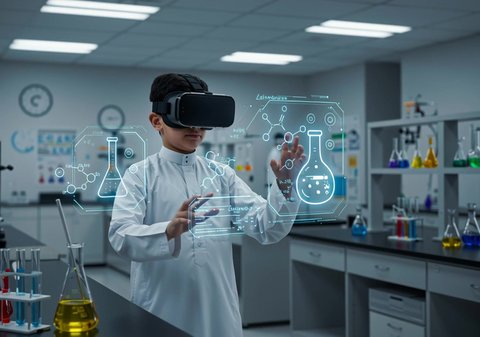 Conducting chemical experiments, the development of educational technology and innovation, gestures of enjoyment and exploration, a Saudi Arabian boy wearing traditional dress and virtual reality glasses standing in front of 3D illuminated holographic elements, a modern interactive educational experience in a modern science laboratory