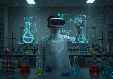 Conducting chemical experiments, the development of educational technology and innovation, gestures of enjoyment and exploration, a Saudi Arabian boy wearing traditional dress and virtual reality glasses standing in front of 3D illuminated holographic elements, a modern interactive educational experience in a modern science laboratory