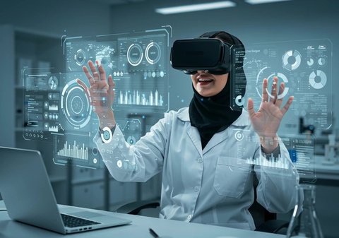 A Saudi Arabian Gulf woman wearing a coat and virtual reality glasses working on a holographic illuminated screen, medical analysis and research, development and progress of the health sector with new technology, modern medical laboratories, interaction with 3D elements