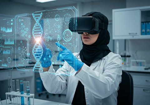 A Saudi Arabian Gulf woman wearing a coat and virtual reality glasses working on a holographic illuminated screen, medical analysis and research, development and progress of the health sector with new technology, modern medical laboratories, interaction with 3D elements