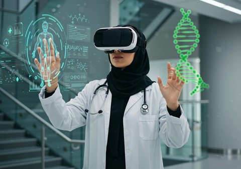 3D model of the human body's genome and bones, integration and simulation of the imaginary world, a veiled Saudi Arabian Gulf Arab female doctor wearing a coat, a stethoscope and virtual reality glasses, interacting with illuminated holographic elements, development and progress of the health sector with new technology