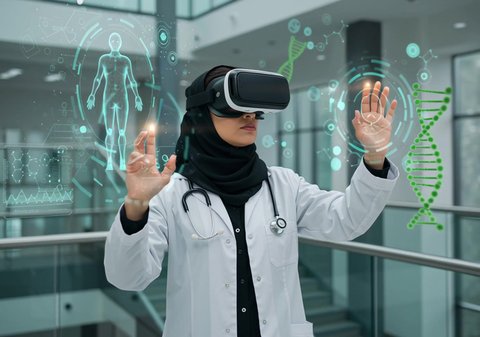 3D model of the human body's genome and bones, integration and simulation of the imaginary world, a veiled Saudi Arabian Gulf Arab female doctor wearing a coat, a stethoscope and virtual reality glasses, interacting with illuminated holographic elements, development and progress of the health sector with new technology