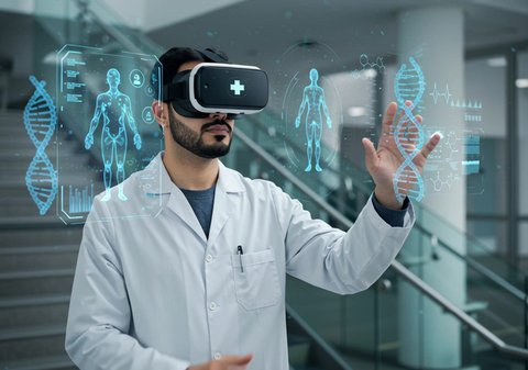 3D model of human genetic sequences and bones, integration and simulation of the imaginary world, a Saudi Arabian Gulf doctor wearing a medical coat, virtual reality glasses and interacting with illuminated holographic elements, development and progress of the health sector with new technology