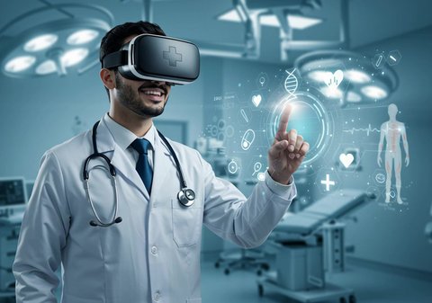 3D model of human genetic sequences and bones, integration and simulation of the imaginary world, a Saudi Arabian Gulf doctor wearing a medical coat, virtual reality glasses and interacting with illuminated holographic elements, development and progress of the health sector with new technology