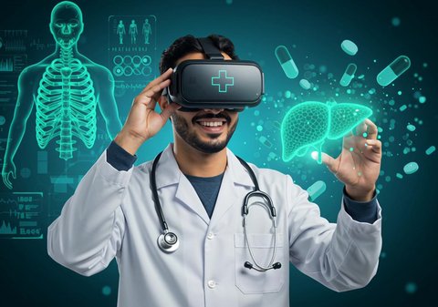 3D model of human genetic sequences and bones, integration and simulation of the imaginary world, a Saudi Arabian Gulf doctor wearing a medical coat, virtual reality glasses and interacting with illuminated holographic elements, development and progress of the health sector with new technology
