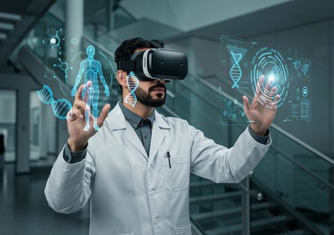 3D model of human genetic sequences and bones, integration and simulation of the imaginary world, a Saudi Arabian Gulf doctor wearing a medical coat, virtual reality glasses and interacting with illuminated holographic elements, development and progress of the health sector with new technology