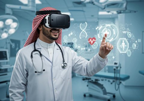 3D model of genetic sequences, integration and simulation of the imaginary world, a Saudi Arabian Gulf doctor wearing a shemagh, coat, stethoscope, virtual reality glasses and interacting with the illuminated holographic elements with expressions of enjoyment, the development and progress of the health sector with new technology