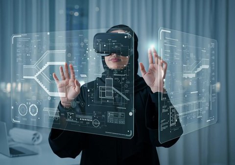A veiled Saudi Arabian Gulf woman wearing a black abaya and VR glasses tapping on a holographic screen, gestures of integration and interaction with virtual reality, development of the work system with modern technology and technology