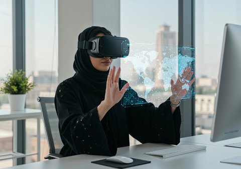 A veiled Saudi Arabian Gulf woman wearing a black abaya and VR glasses tapping on a holographic screen, gestures of integration and interaction with virtual reality, development of the work system with modern technology and technology