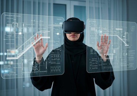 A veiled Saudi Arabian Gulf woman wearing a black abaya and VR glasses tapping on a holographic screen, gestures of integration and interaction with virtual reality, development of the work system with modern technology and technology