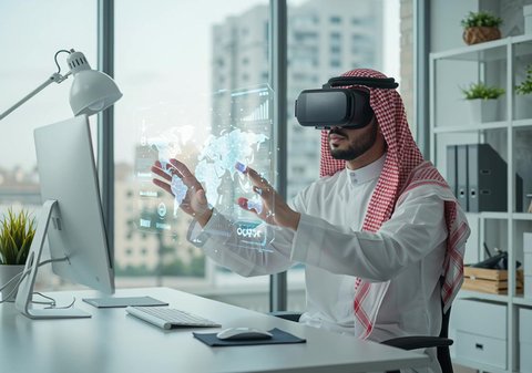 A Saudi Arabian Gulf man wearing a shemagh and thobe with VR glasses tapping on a holographic screen, gestures of integration and interaction with virtual reality, the development of the work system with modern technology and technology