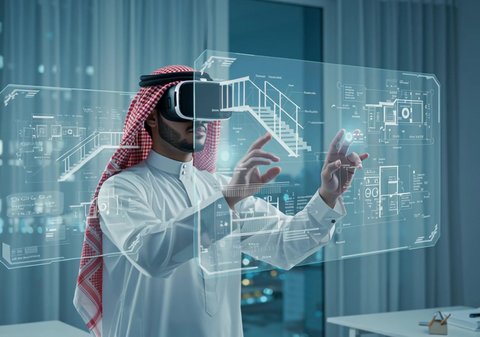 A Saudi Arabian Gulf man wearing a shemagh and thobe with VR glasses tapping on a holographic screen, gestures of integration and interaction with virtual reality, the development of the work system with modern technology and technology