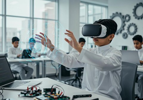 A Saudi Arabian boy wearing a thobe with VR glasses tapping on a holographic screen, gestures of integration and interaction with virtual reality, development of science and education methods with modern technology, looking forward to a bright future, Saudi Vision 2030