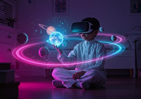 A Saudi Arabian boy wearing a thobe with VR glasses tapping on a holographic screen, gestures of integration and interaction with virtual reality, development of science and education methods with modern technology, looking forward to a bright future, Saudi Vision 2030