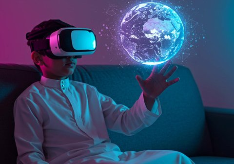 A Saudi Arabian boy wearing a thobe with VR glasses tapping on a holographic screen, gestures of integration and interaction with virtual reality, development of science and education methods with modern technology, looking forward to a bright future, Saudi Vision 2030