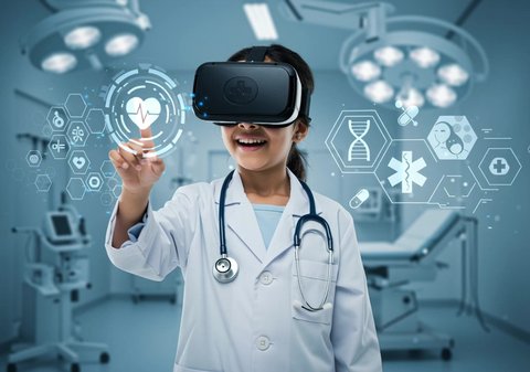 A Saudi Arabian Gulf girl wearing VR glasses taps on a holographic screen, gestures of integration and interaction with virtual reality, development of scientific and educational methods with modern technology, looking forward to a bright future, Saudi Vision 2030