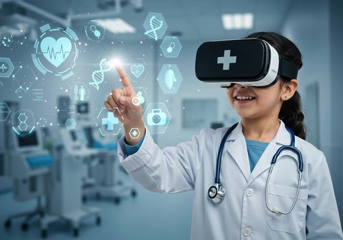 A Saudi Arabian Gulf girl wearing VR glasses taps on a holographic screen, gestures of integration and interaction with virtual reality, development of scientific and educational methods with modern technology, looking forward to a bright future, Saudi Vision 2030