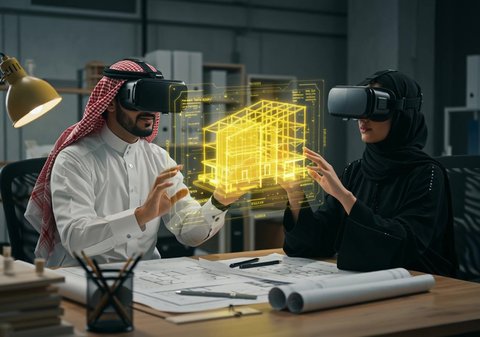 Two Saudi Arabian Gulf men and women wearing Saudi clothing and VR glasses tapping on a 3D holographic screen, gestures of integration and interaction with virtual reality, development of the work system with modern technology and technology, Saudi future vision