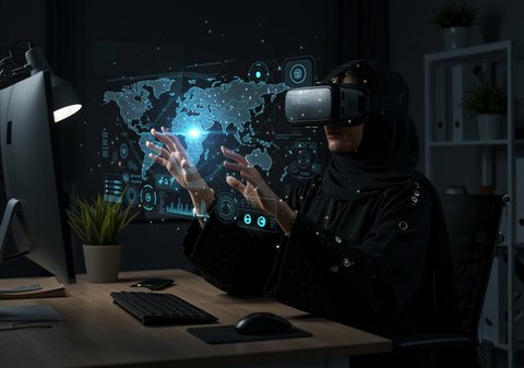 A veiled Saudi Arabian Gulf woman wearing a black abaya and VR glasses tapping on a holographic screen, gestures of integration and interaction with virtual reality, development of the work system with modern technology and technology