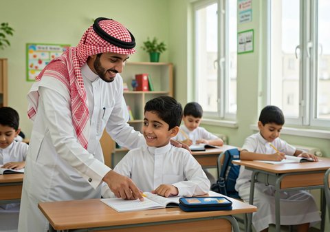 A Saudi Arabian Gulf teacher wearing a thobe and shemagh stands among students in the classroom and teaches. The teacher's interest in science and learning. The progress and development of the education sector in the schools of the Kingdom of Saudi Arabia.