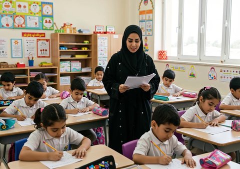 A veiled Saudi Arabian Gulf teacher wearing a black abaya standing among male and female students in the classroom and teaching. The teacher's interest in science and learning, explaining and clarifying the subject matter, progress and development of the education sector in the schools of the Kingdom of Saudi Arabia.