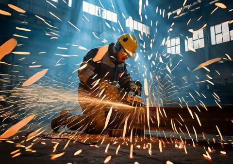 A Saudi Arabian Gulf blacksmith wearing a helmet and protective uniform is cutting iron. The concept of blacksmithing in the factory, firing sparks and shrapnel from the fire. The iron factory in the Kingdom of Saudi Arabia. Saudi jobs and professions.