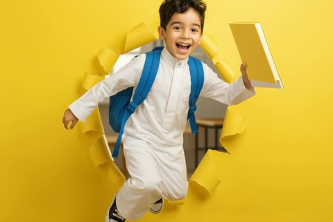 Portrait of a Saudi Arabian Gulf boy wearing a thobe holding a book and carrying a blue backpack jumping from an empty yellow background, gestures of happiness and joy at the beginning of the new school year, back to school in Saudi Arabia