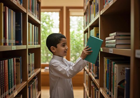 A Saudi Arabian Gulf student wearing traditional thobe selects a book from the shelf in the school library. Passion for reading and learning. Science and education in schools in the Kingdom of Saudi Arabia.