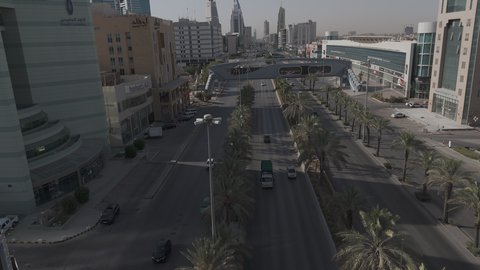 Traffic movement on the public road, aerial drone photography of King Fahd Road in Riyadh, towers and skyscrapers in the Kingdom, architectural art in Saudi Arabia, famous tourist areas and landmarks