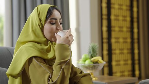 قضاء وقت ممتع ومسلي مع مجموعة من الأصدقاء، اجتماع الأهل والأصدقاء في الهواء الطلق، تصوير مقرب لإمرأة عربية خليجية عمانية ترتدي الزي التقليدي تمسك فنجان القهوة تقوم بالتحدث مع الأصدقاء بإيماءات الاندماج، التنزه والتسلية والترفيه في شاليه سياحية في عمان