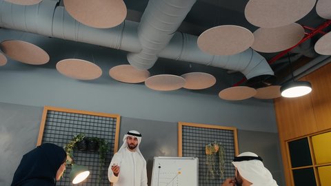 A group of Emirati Gulf Arab employees hold a meeting at the company headquarters, setting strategic plans to achieve goals, teamwork and team spirit, understanding and cooperation between colleagues, learning work methods and professional development, and ensuring a clear and comprehensive understanding of the business using the whiteboard.
