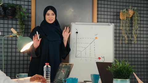 سيده سعودية تقوم بشرح و تحليل الرسوم البيانية، إدارة و تقسيم المهام، امراة عربيه خليجيه اماراتية ترتدي العباءة السوداء تقوم بإجراء اجتماع عمل داخل غرفة الاجتماعات في مقر الشركة، تطوير المشاريع و الاستثمارات