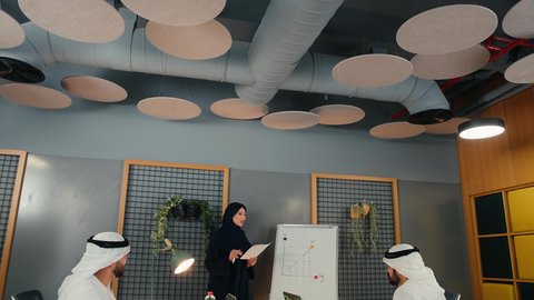 Integrating modern technical devices into office work, managing and dividing tasks, an Arab Gulf Emirati team conducting a business meeting in the company's headquarters meeting room, developing projects and investments, explaining and analyzing graphs.