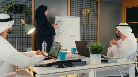 إدارة و تقسيم المهام،  فريق عمل عربي خليجي اماراتي يقوم بإجراء اجتماع عمل داخل غرفة الاجتماعات في مقر الشركة، تطوير المشاريع و الاستثمارات، شرح و تحليل الرسوم البيانية, دمج الأجهزة التقنية الحديثة بالأعمال المكتبية