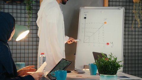 Explaining and analyzing graphs, integrating modern technical devices into office work, studying statistical data sheets, developing projects and investments, managing and dividing tasks, an Arab Gulf Emirati team conducting a business meeting in the meeting room at the company's headquarters