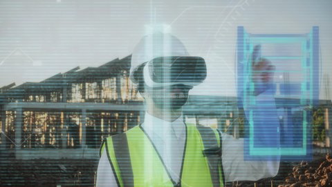 العمل بالقطاع الهندسي عبر تقنية الواقع الافتراضي، التفاعل مع الهندسة الافتراضية، تصوير مقرب لمهندس عربي خليجي سعودي يرتدي سترة وخوذة الحماية ونظارة الفي آر يتفاعل مع مجسم لمخطط بناء هولوجرامي، رؤية مستقبلية سعودية 2030، نمو المجال الهندسي التكنولوجي